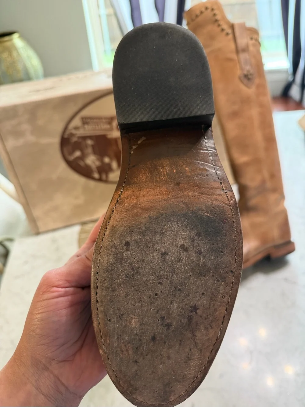 Lucchese Classics Tall Riding Boots Women’s 7B Distressed Tan Leather Studded
